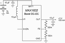 Figure 1. A 6-pin SOT device turns 2 AA cells into 5 V with 90% efficiency while also providing reverse battery protection. This combination can double the time between battery changes compared to that for expensive 9 V batteries, and costs one-fourth as much for the user to operate